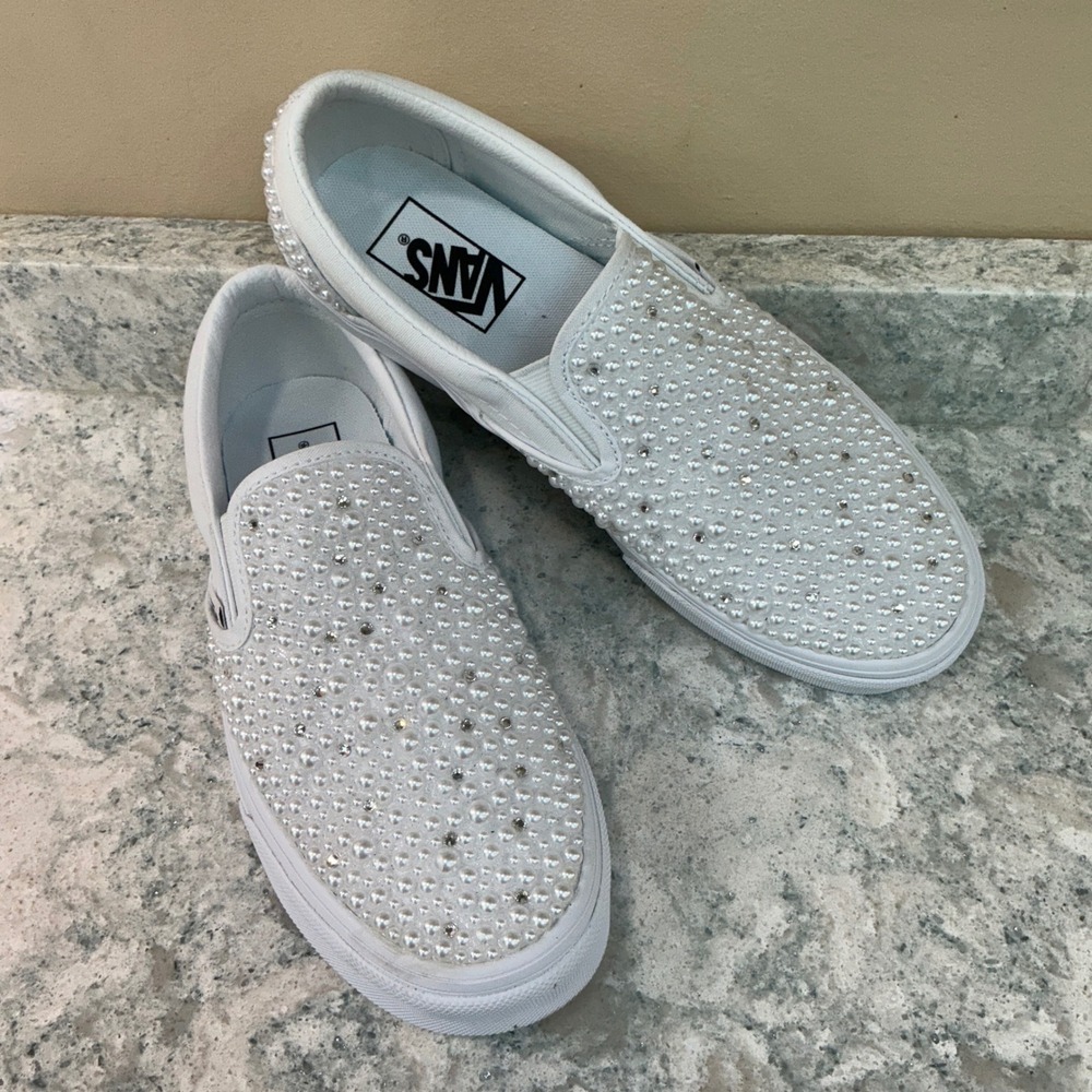 Vans Slip-On Sneakers Classic Size 8 White Pearl Rhinestone Embellished Bridal